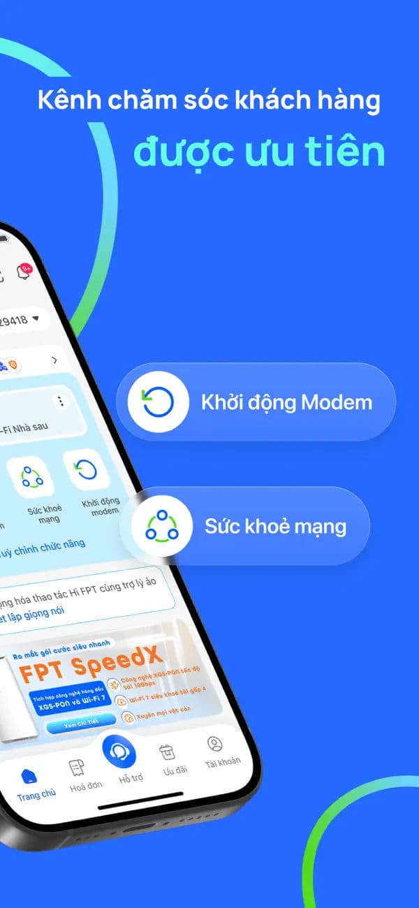 Ứng dụng Hi FPT với các mục hỗ trợ, sức khỏe mạng và khởi động modem
