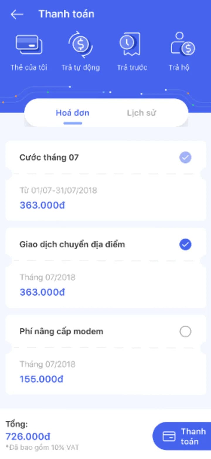 Màn hình lịch sử hóa đơn và thanh toán trên Hi FPT